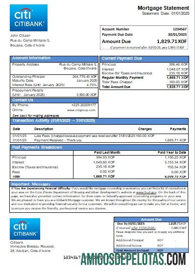 Cote D'Ivoire Citibank Bank Extrato de hipoteca Scr baixar para verificação